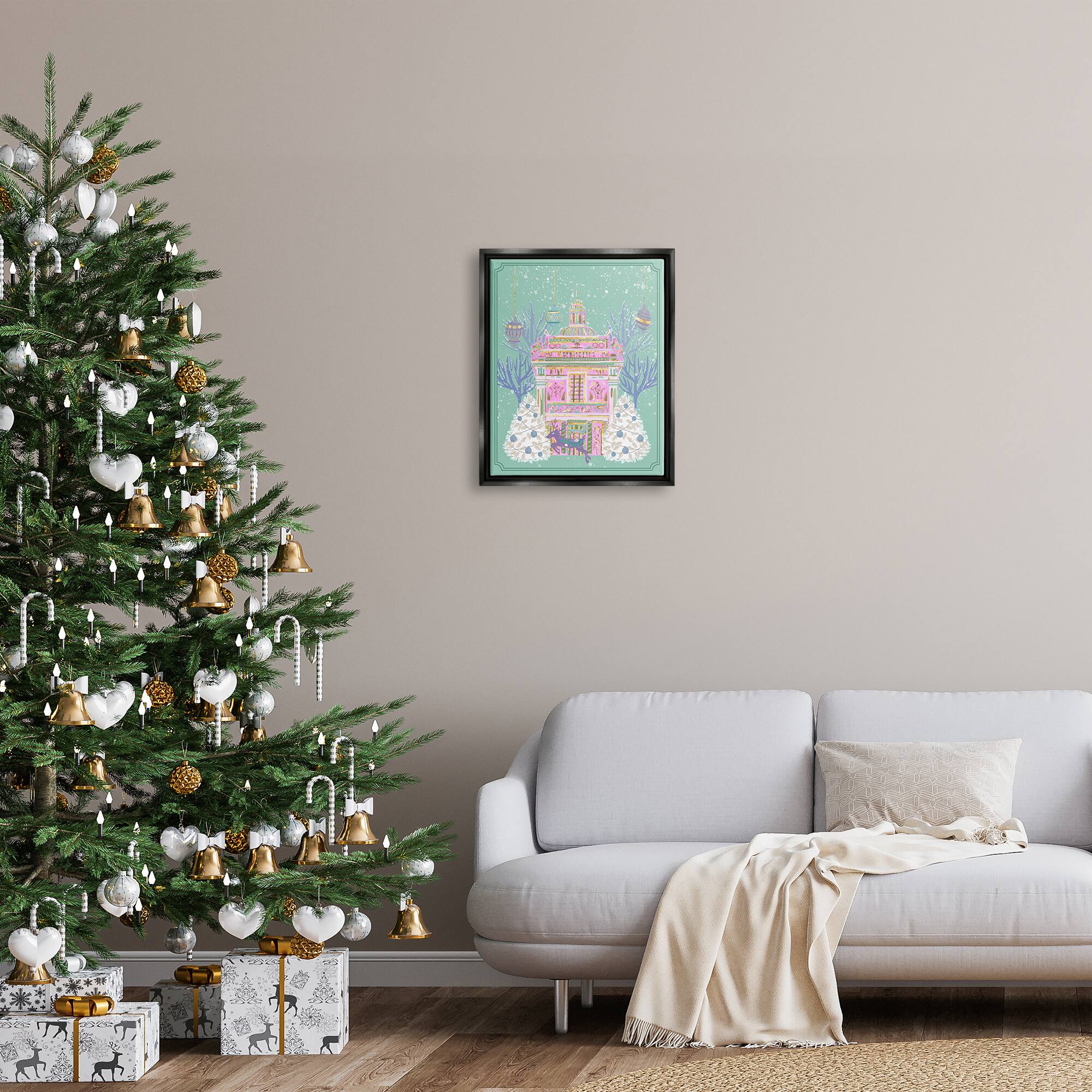 Stupell Industries Pink Ornate Christmas Building Framed Floater Canvas Wall Art